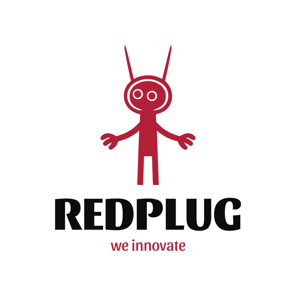 붉은 캐릭터와 REDPLUG, we innovate로 구성된 공식 로고